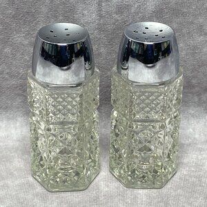 Vintage Wexford Pressed Glass Salt & Pepper Shakers With Chrome Plastic Tops